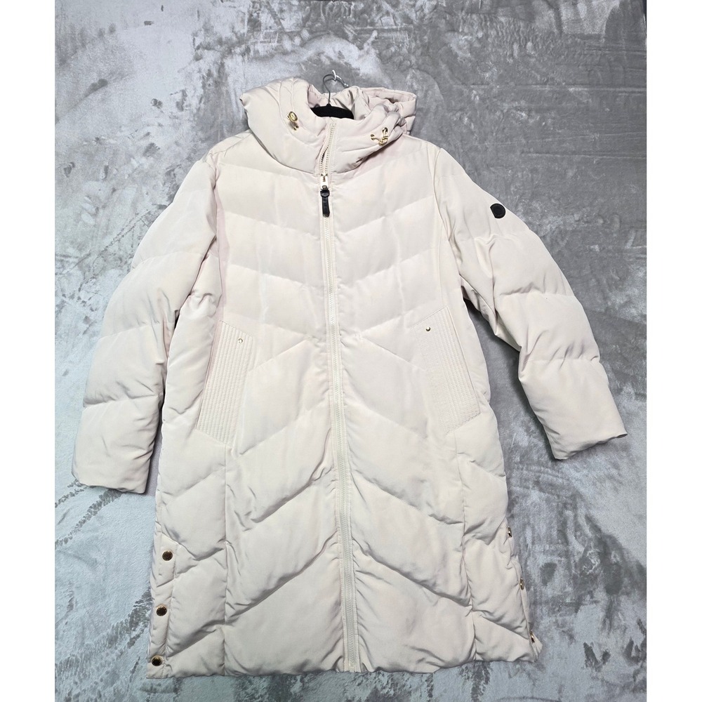 French Connection Womens XL Cream Longline Hooded Puffer Coat Chevron
